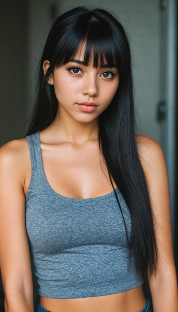 super realistic, 4k, detailed face, cute Exotic teen girl, long black straight jet soft hair, bangs cut, wear a grey crop tank top, looks at the camera, portrait shot, super realistic amber eyes