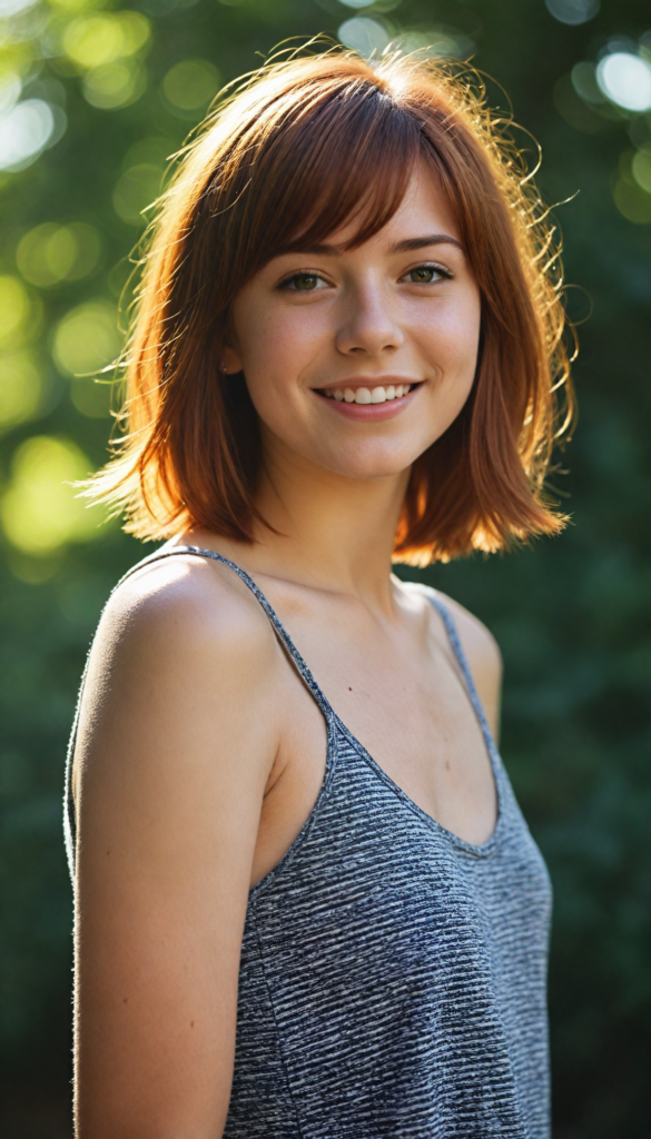 a beautiful (teen girl) with auburn hair in bob bangs cut, styled in a sleek, short-cropped tank top, (vividly realistic photo), (natural background), very happy, dimmed light