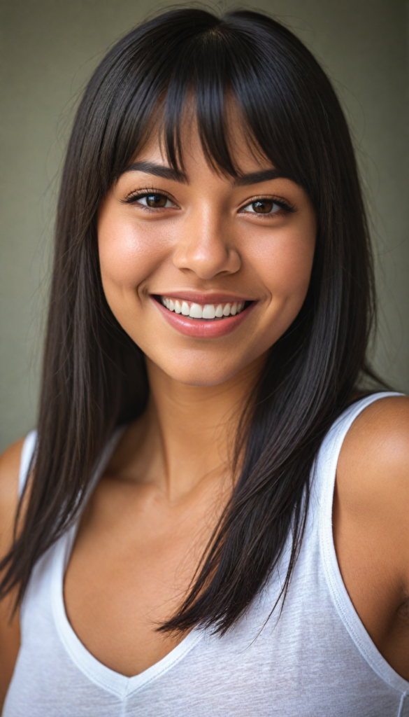 (close up portrait) of a (beautiful) (cute) (tanned) girl, (very long jet brown-black straight hair), (bangs), (plump lips), (seductive look), wide open front, (perfect curvy body), (tank top, deep v-neck), (cheerful smile), (face illuminated), (looking into the camera)