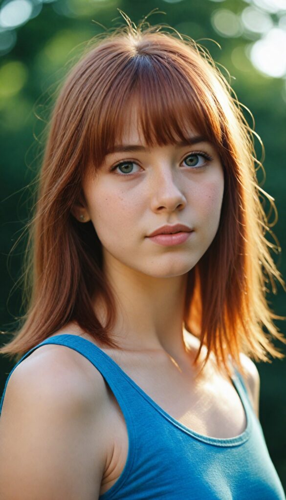 an upper body portrait from, a (teen girl with bangs cut), (vividly drawn long, straight soft red hair) that reflects the light, is depicted with exquisite detail, her face softly angelic yet realistically defined, big round eyes, wearing a (super short, sleek blue tank top) against a sunny backdrop, (side view)