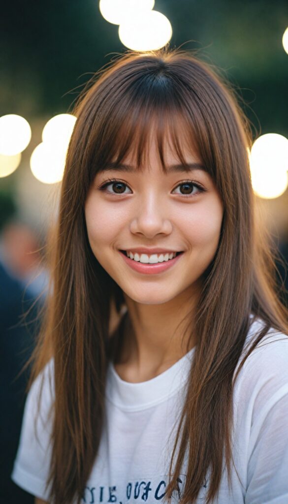 a portrait of (cute) Asia teen girl (long, straight light brown hair, bangs), (stunning), beautifully realistic, cinematic lights, realistic detailed angelic round face, (realistic detailed amber eye) looks happy at the camera, perfect curved body, (wears a super short tight (white t-shirt)), perfect anatomy, side perspective