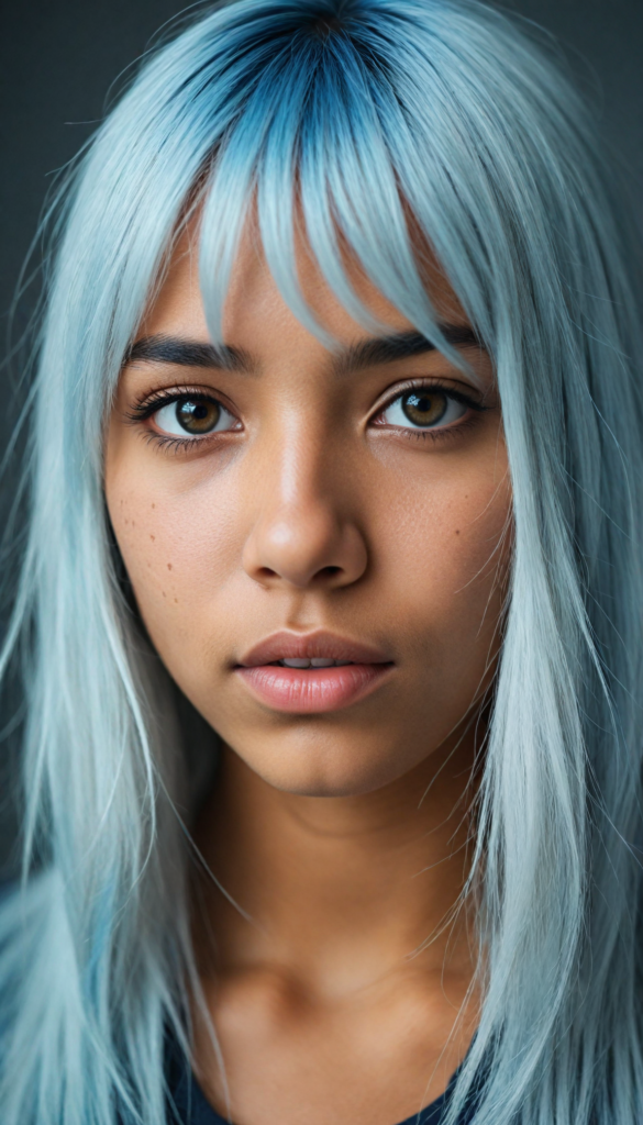 a beautifully drawn (brown-skinned teen emo girl) with flowing, softly waving (straight white hair) framing her face in side bangs and highlighted by a contrasting light blue complexion, expressing a poignant feeling of melancholy and emotional detachment, set against a softly grey (backdrop)