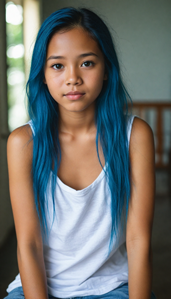 super realistic, detailed portrait, a beautiful young Filipino girl with long blue hair looks sweetly into the camera. She wears a white tank top.