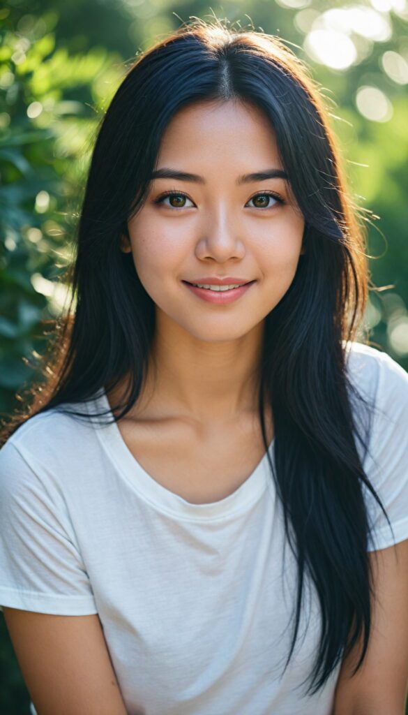 a detailed and realistic photo from a (cute) young Japanese girl (long, messy straight obsidian black hair), (stunning), (gorgeous), beautifully realistic, cinematic lights, realistic detailed angelic round face, (realistic detailed amber eye) looks happy at the camera, perfect curved body, (wears a super short tight (white t-shirt)), perfect anatomy, side perspective, against a sunny green backdrop