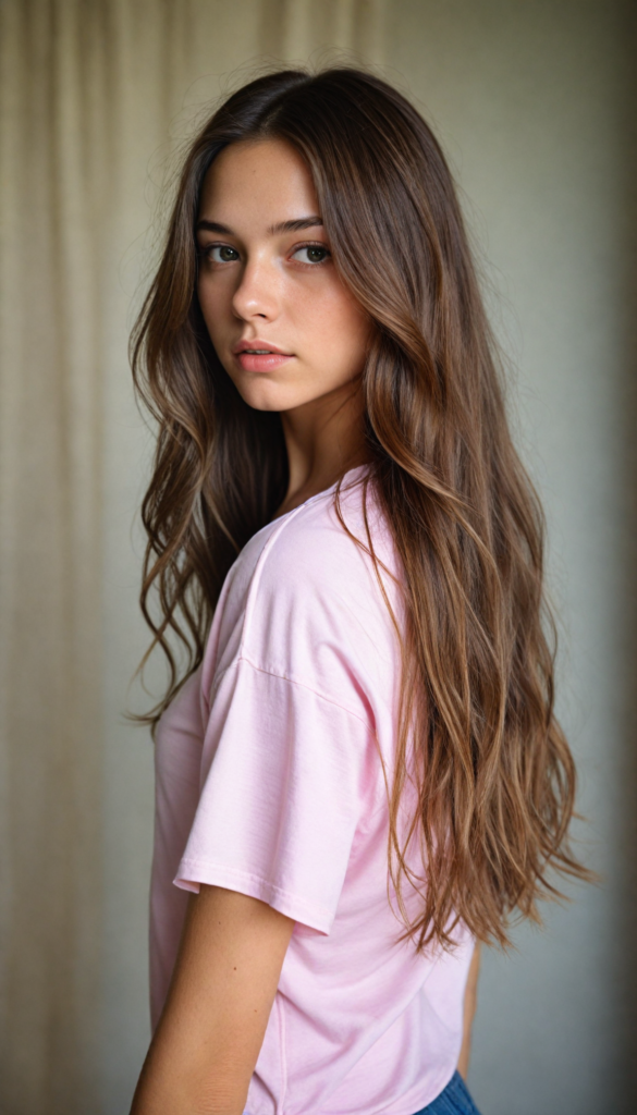 an attractive (teen girlie) dressed in a sleek, (short-cropped light pink t-shirt), with flowing, long tresses cascading down her back, captured in a (vividly realistic photo). Her features are softly highlighted by the dimly lit room