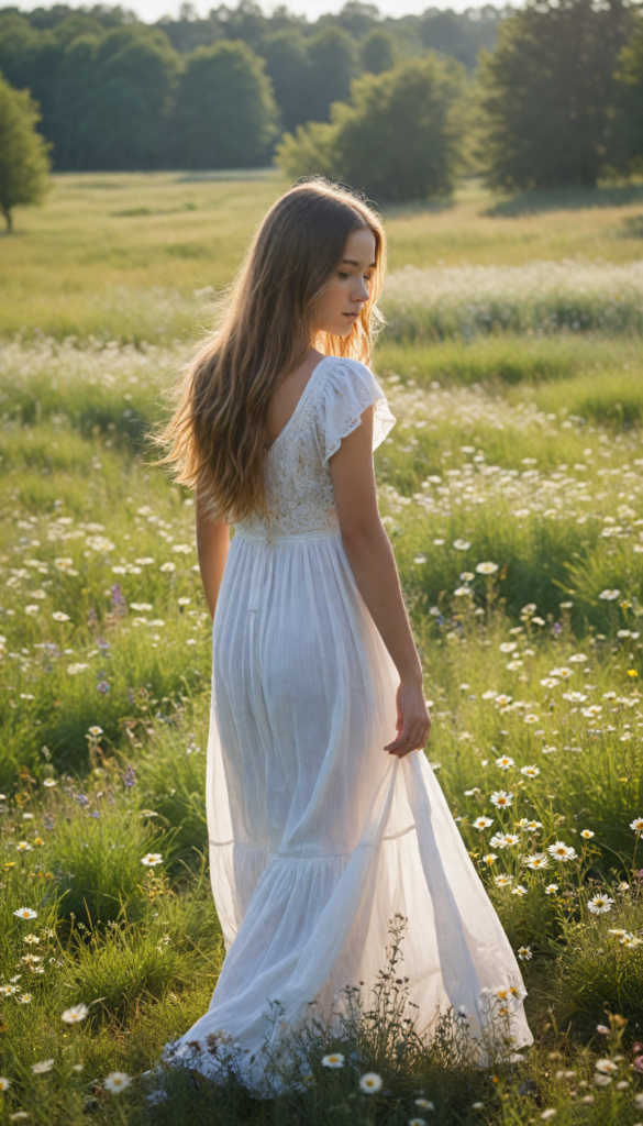 a young girl with soft long straight hair cascading down her back, stands in front of viewer in a sun-drenched meadow filled with wildflowers. The scene is infused with an ethereal glow, reminiscent of a dreamy impressionist painting. The girl wears a flowing white dress.