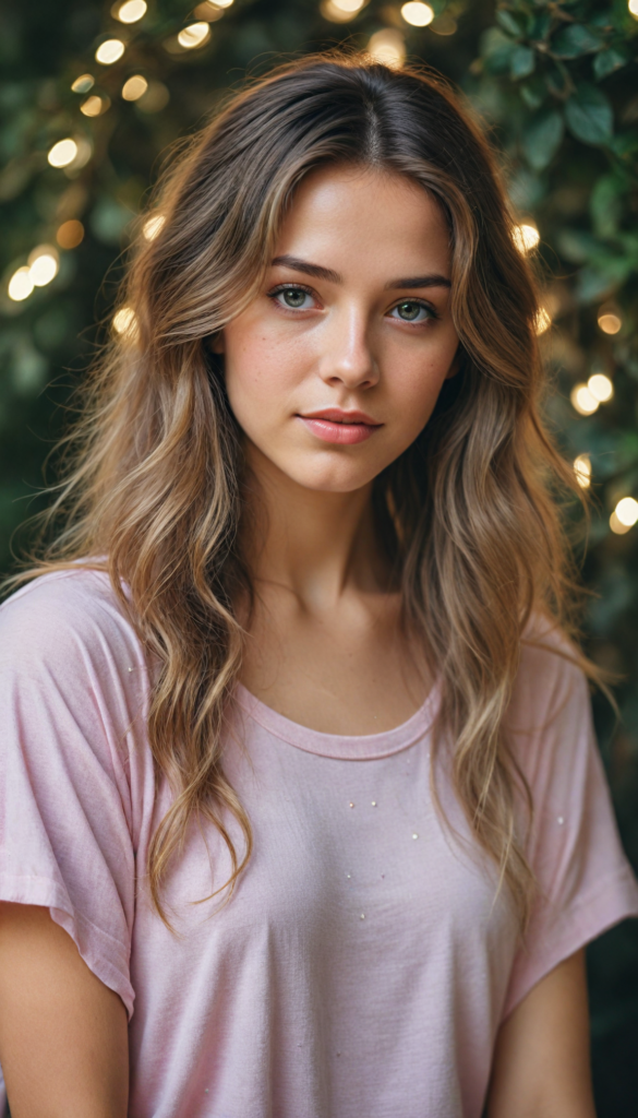 an enchanting youthful girl adorned in a chic, (short-cropped light pink tee) that subtly glimmers, her long, cascading hair resembling a waterfall of silk reflecting gentle hues, posed gracefully in a (whimsical, ethereal setting), with soft, glowing fairy lights illuminating her delicate features, enhanced by shadows that dance around her in the dimly lit room, creating a blend of realism and dreamlike fantasy reminiscent of a mix between a contemporary portrait and impressionist painting.