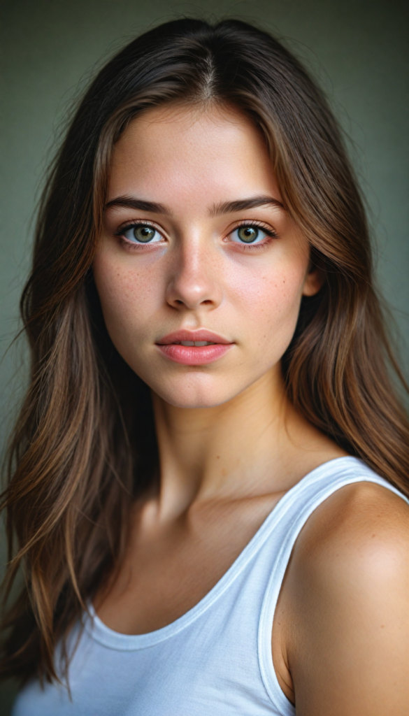 a very detailed and realistic portrait of a (cute teen girl), (long yet straight (cooper-brown hair), (realistic detailed (brown eyes), (full kissable lips), (realistic detailed, light amber eyes), (face illuminated), (wearing a very low cut (white tank top) made on fine wool), perfect curved fit body