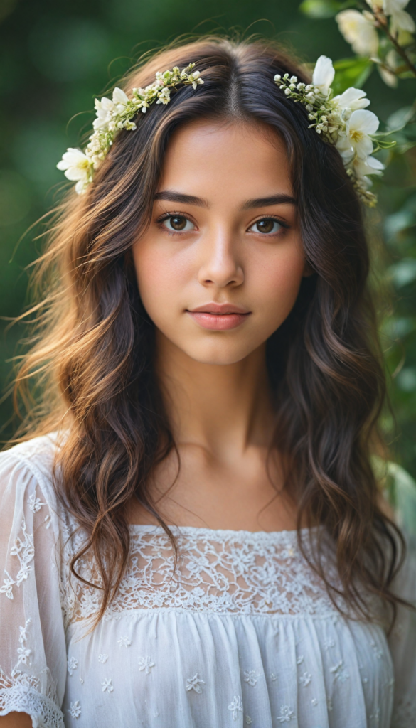 a hyper-realistic, intricately detailed portrait of a captivating young girl with cascading, silky hair that shimmers under soft, natural light. Her gentle gaze meets the viewer's eyes, radiating warmth and innocence. She is adorned in a whimsical white crop top embellished with delicate floral patterns, set against a dreamy pastel background that evokes a sense of serenity and youthfulness. Subtle hints of bokeh add a magical touch, enhancing the overall enchanting atmosphere of the scene.