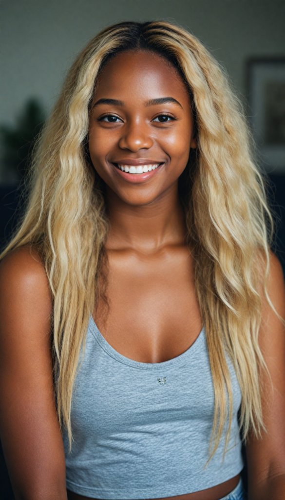 (portrait) (stunning) detailed, a beautiful young happy melanin girl, long straight soft blonde hair, (grey crop top)