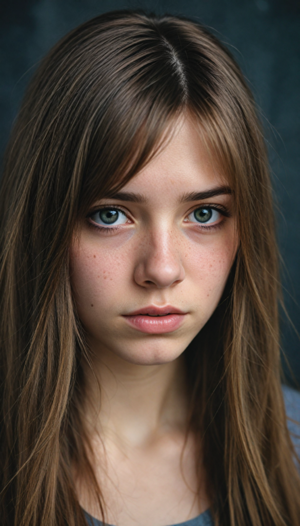 a (stunningly drawn teen emo girl) with (incredibly long, soft brown straight hair), framed by a (vividly gray backdrop), tears streaming down her face, reflecting a (sad expression) that suggests the weight of the world resting on her shoulders, amber eyes