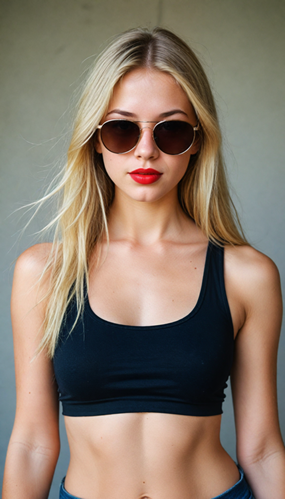 a cute young teenage girl with long straight blond hair wears sunglasses. She has full, red lips and wears a black, tight tank top which perfectly emphasizes her perfect body, accentuating her (navel) and (soft, youthful thighs)