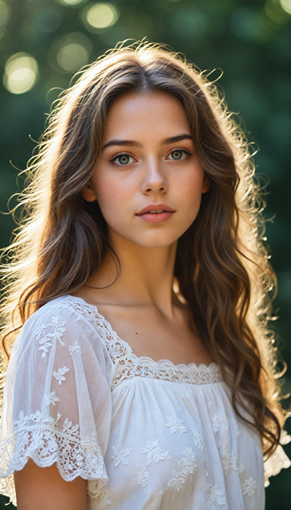 a hyper-realistic portrait of a captivating young girl with flowing waves of silky hair cascading down her shoulders. She gazes sweetly into the camera, exuding charm and innocence. Her outfit features a delicate white crop top adorned with intricate lace details, hinting at a dreamy summer vibe. The background is softly blurred with hints of pastel floral patterns, creating an ethereal atmosphere, reminiscent of a whimsical fairy tale. Sunlight gently illuminates her face, highlighting her sparkling eyes and soft features, while a sprinkle of magical dust floats in the air, enhancing the enchanting scene.