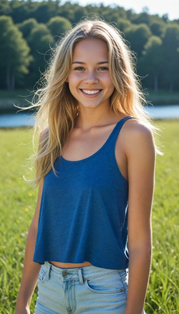 a fantastic young girl with long summer blond hair is standing in a sunny meadow. In the background is a deep blue lake, she is smiling, ((detailed and super realistic)), she wears a short plain cropped tank top