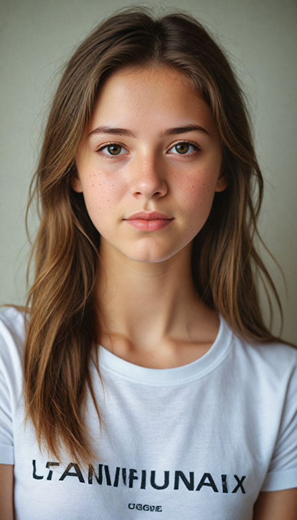 detailed and realistic photo from a young teen girl, soft brown hair, close up portrait, white t-shirt, (gorgeous) (stunning)