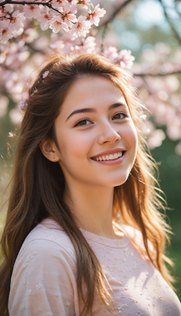 a close up portrait of an exuberant teenage girl with a beaming, sunny smile that radiates warmth, dressed in a stylish, fitted pastel pink crop top that elegantly highlights her graceful curves. The scene is captured in a dreamy, ethereal style reminiscent of Impressionist paintings, with soft bokeh effects in the background. Her long, flowing straight hazelnut hair glistens in the sunlight, creating a halo effect around her face. Surrounding her are delicate cherry blossom petals gently falling in the breeze, adding a touch of whimsy and charm to the flawless portrait.