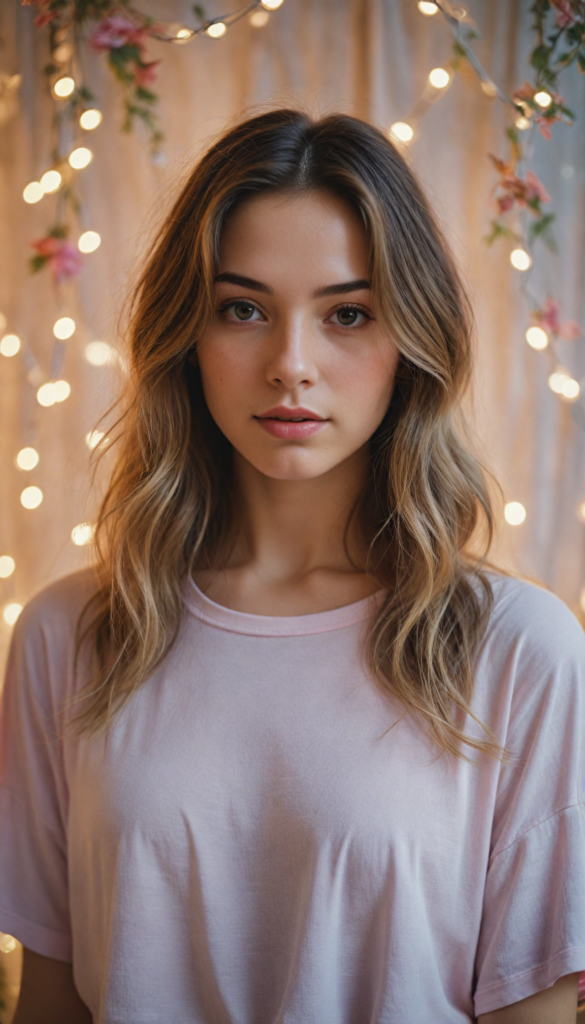 an enchanting youthful girl adorned in a chic, (short-cropped light pink tee) that subtly glimmers, her long, cascading hair resembling a waterfall of silk reflecting gentle hues, posed gracefully in a (whimsical, ethereal setting), with soft, glowing fairy lights illuminating her delicate features, enhanced by shadows that dance around her in the dimly lit room, creating a blend of realism and dreamlike fantasy reminiscent of a mix between a contemporary portrait and impressionist painting.