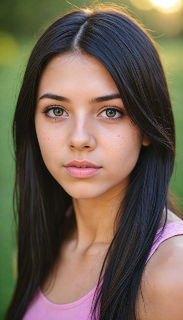 realistic and detailed portrait from a (cute teen emo girl with long, soft black straight hair framing her face in gentle waves) and amber eyes, full lips, (wears a no printed short form-fitting pink tank top), against a (sunny backdrop)