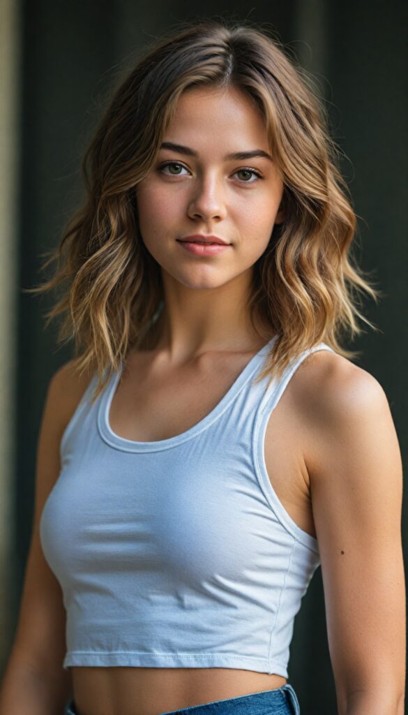 visualize a (tomboy teen girl) with long, (realistically detailed hair), posed in a (cinematic light setup) for a portrait shot, her face radiant with joy, featuring a (flawlessly detailed round face), a (short form-fitting cropped plain tank top), which beautifully showcases her perfect physique, with (realistic details), such as a (curvy yet toned silhouette), all against an (empty, high-key backdrop)