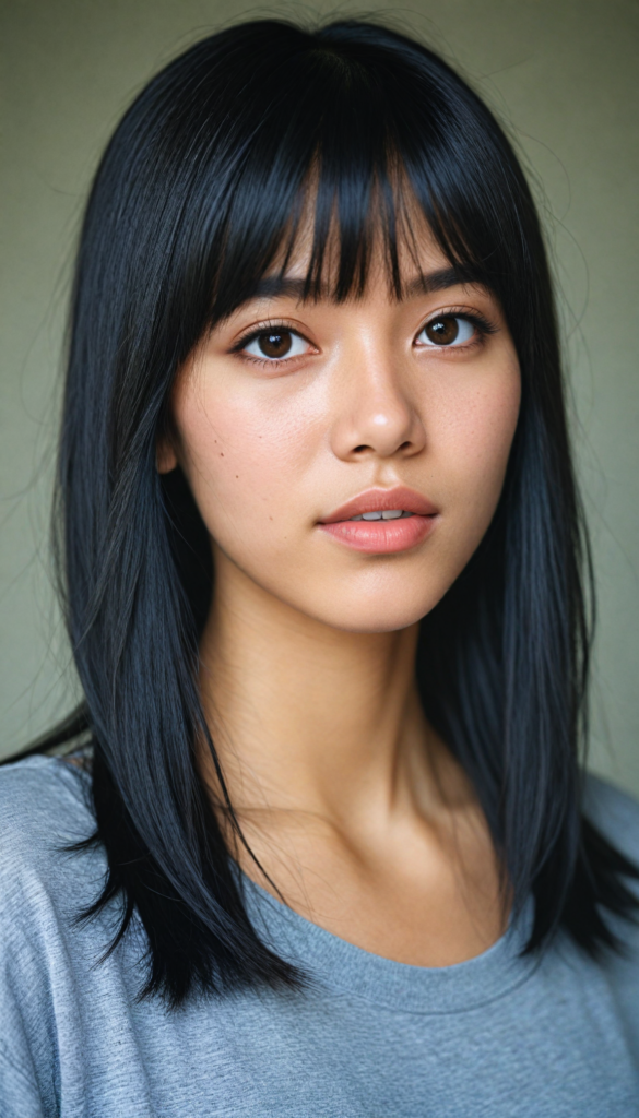 a stunningly detailed (photograph) representing a (Asian girl) with intricate, realistically drawn features like dynamically detailed straight long flowing black hair with bangs framing her face, full lips, eyes looking seductively with mouth slightly open, striking realistic and detailed eyes all against a sophisticated, softly lit (background) where she wears a modern minimalist grey t-shirt