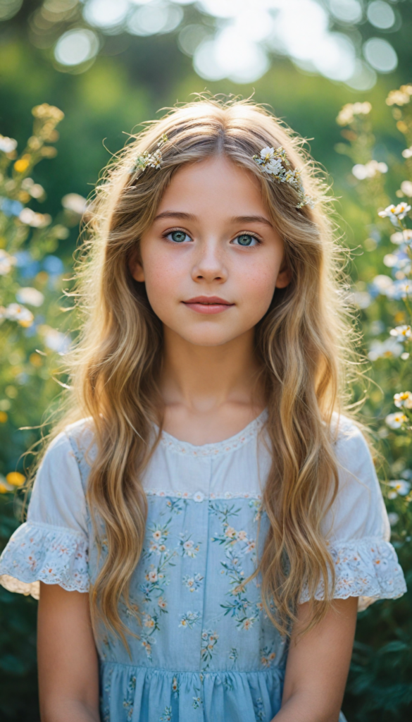 a whimsical portrait of a radiant young girl with cascading golden blonde hair adorned with delicate wildflowers, her sparkling blue eyes glimmering with joy as she gazes sweetly into the camera, surrounded by a dreamlike ethereal garden filled with vibrant colors and soft, glowing lights, reminiscent of a fairy tale illustration in the style of Mary Blair, evoking a sense of wonder and warmth