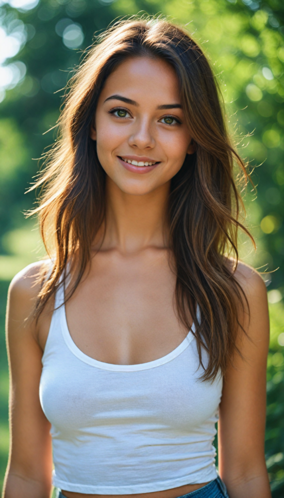 cute teen petite tanned teen girl, detailed soft long light brown hair, white short cropped tank top, ultra realistic face, realistic amber eyes, a stunning photo with beautiful saturation, ultra high resolution, deep shadow, (best quality, masterpiece), highly detailed, looking at viewer, warm smile, (upper body), masterpiece, ultra realistic, extremely detailed, sunny green backdrop