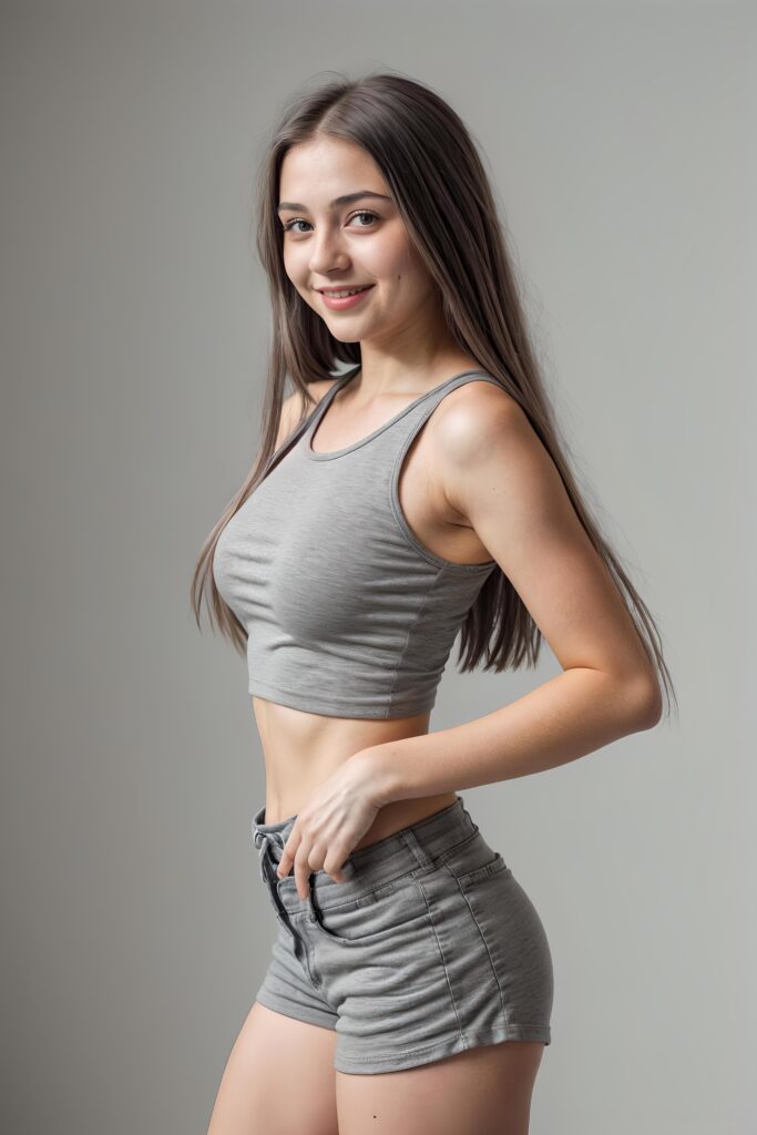 portrait of a cute young girl, wears a grey crop top, smile, long straight hair, perfect curved body, grey short shorts, side view