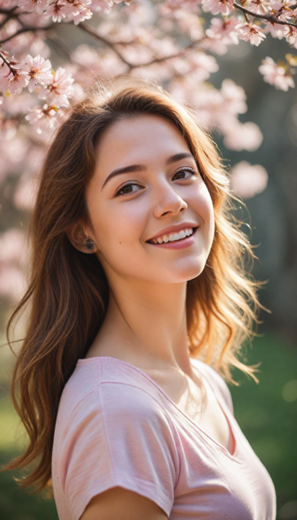 a close up portrait of an exuberant teenage girl with a beaming, sunny smile that radiates warmth, dressed in a stylish, fitted pastel pink crop top that elegantly highlights her graceful curves. The scene is captured in a dreamy, ethereal style reminiscent of Impressionist paintings, with soft bokeh effects in the background. Her long, flowing straight hazelnut hair glistens in the sunlight, creating a halo effect around her face. Surrounding her are delicate cherry blossom petals gently falling in the breeze, adding a touch of whimsy and charm to the flawless portrait.