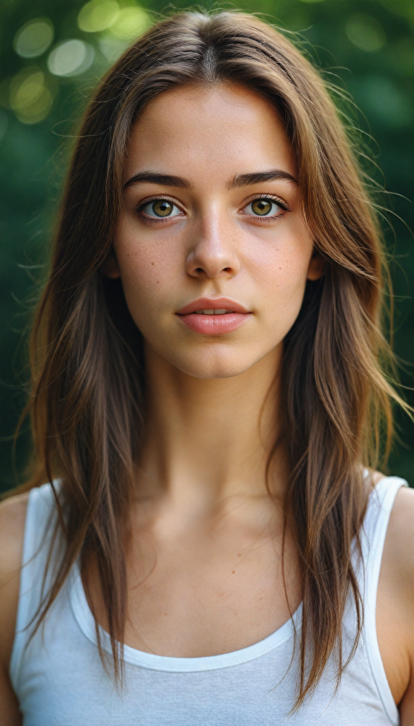 a very detailed and realistic portrait of a (cute teen girl), (long yet straight (cooper-brown hair), (realistic detailed (brown eyes), (full kissable lips), (realistic detailed, light amber eyes), (face illuminated), (wearing a very low cut (white tank top) made on fine wool), perfect curved fit body