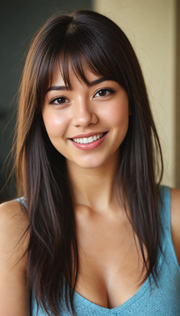 (upper body portrait) of a (beautiful) (cute) girl, (very long jet brown straight jet hair), (bangs), (plump lips), (seductive look), wide open front, (perfect curvy body), (tank top, deep v-neck), (cheerful smile), (face illuminated), (looking into the camera)