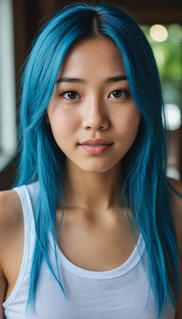 super realistic, detailed portrait, a beautiful young Asian girl with long blue soft detailed hair looks sweetly into the camera. She wears a white tank top