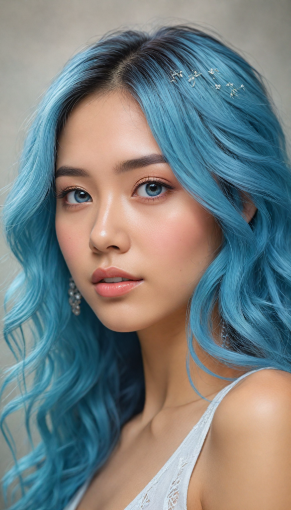 hyper-realistic, intricately detailed portrait of a stunning young Asian woman with flowing, soft blue hair cascading down her shoulders, caught in an ethereal glow. Her enchanting round eyes sparkle with depth and emotion, inviting the viewer into her world. She wears a delicate, flowing white tank top that hints at elegance, accessorized with shimmering silver earrings. The background features a dreamlike bokeh of soft pastel colors, blending seamlessly to enhance her beauty, with hints of floral motifs echoing a whimsical fairytale vibe. The lighting is warm and inviting, casting gentle shadows that accentuate her features, creating a sense of serenity and charm.