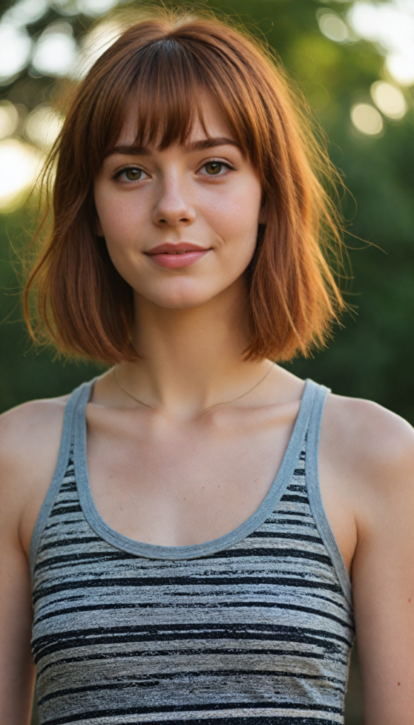 a beautiful (teen girl) with auburn hair in bob bangs cut, styled in a sleek, short-cropped tank top, (vividly realistic photo), (natural background), very happy, dimmed light