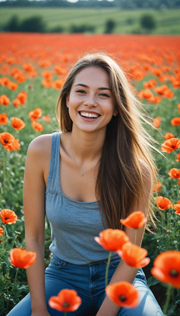 a (teen girl) with a gleeful and sunny smile, wearing a sleek and form-fitting short grey cropped tank top that accentuates her flawlessly proportionate figure, paired with jeans, captured in a (photo shoot), with long, shiny hair flowing around her face under (dramatic lighting) (in a poppy field)