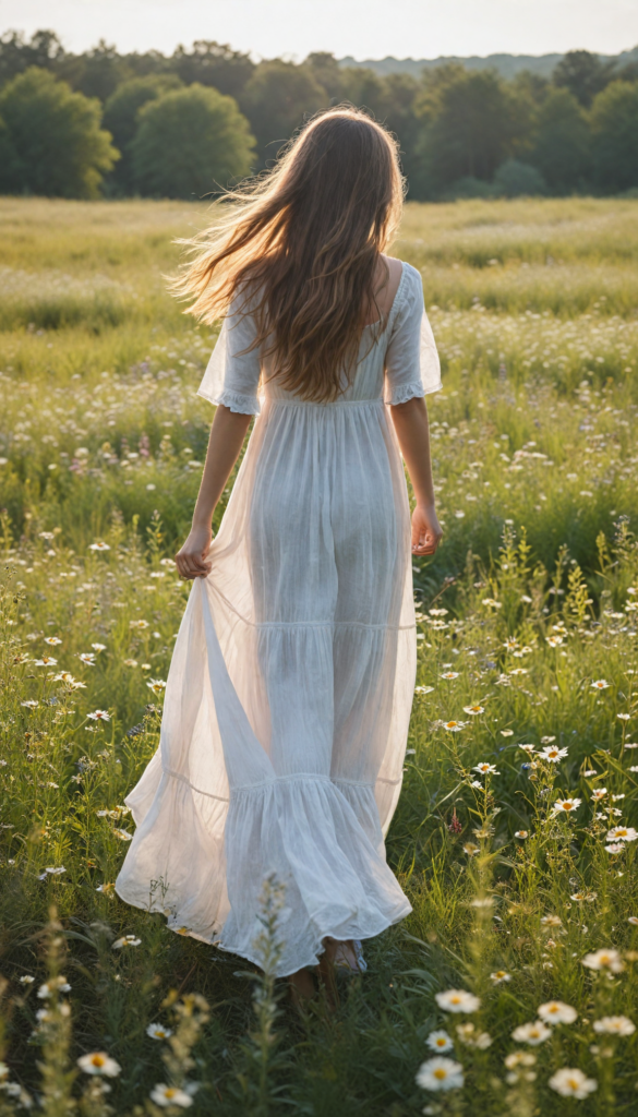 a young girl with soft long straight hair cascading down her back, stands in front of viewer in a sun-drenched meadow filled with wildflowers. The scene is infused with an ethereal glow, reminiscent of a dreamy impressionist painting. The girl wears a flowing white dress.