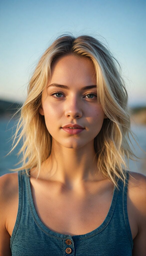 visualize a (tomboy petite teen girl) with long, (realistically detailed summer blond hair), posed in a (cinematic light setup) for a portrait shot, her face radiant with joy, featuring a (flawlessly detailed round face), a (short form-fitting cropped plain tank top), which beautifully showcases her perfect physique, with (realistic details), such as a (curvy yet toned silhouette), beach in backdrop