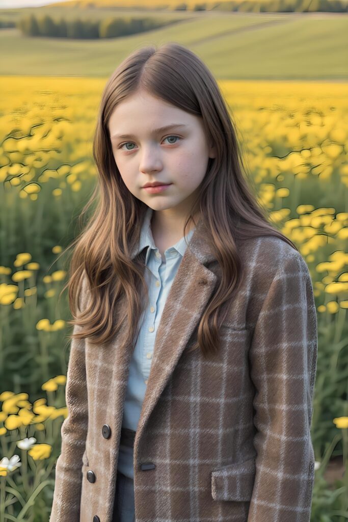 a detailed perfect portrait with pastel colors, young girl, 13 years old, stands in a flower meadow. She wears a ((checkered coat in brown and grey)) and black shirt, she look at the viewer, detailed shiny straight brown hair, blue eyes, round detailed face