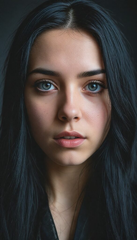 a (breathtakingly realistic portrait), (dark fantasy concept) featuring a beautifully drawn close-up of a young gothic teen girl with exquisite facial features and striking black eyes, long straight fine black hair, dressed in a (black coat), (grey background)