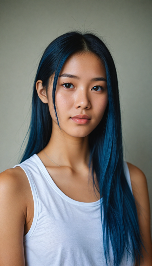 super realistic, detailed portrait, a beautiful young Asian girl with long blue soft straight detailed hair looks sweetly into the camera, realistic beautiful round eyes, she wears a white tank top, side view