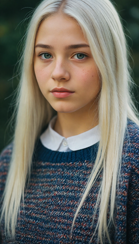 a (young teen girl), wears a super fine wool sweater, (long straight white hair) super realistic