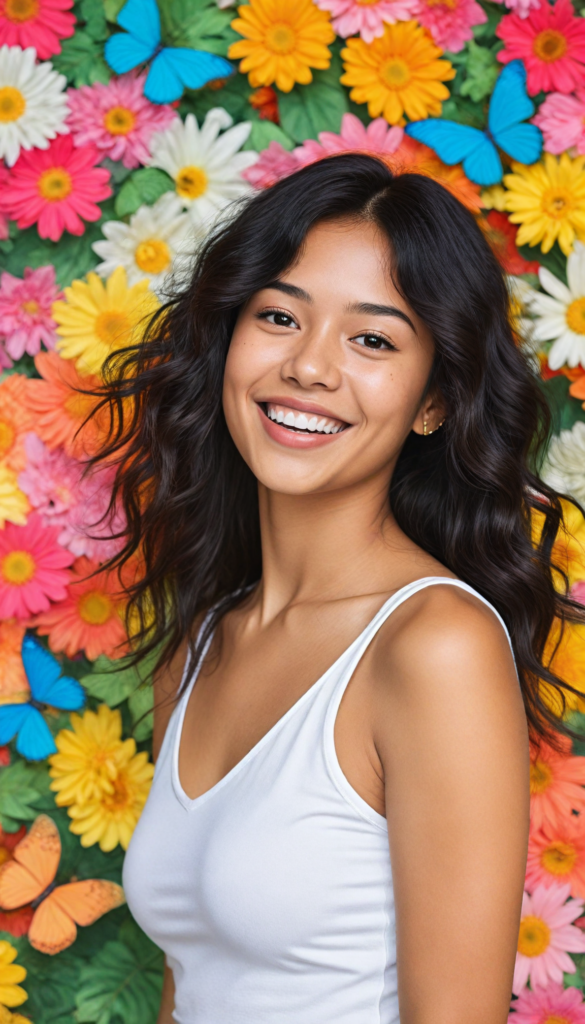 a vibrant portrait of a brown-skinned teen girl radiating joy with a beaming, sunny smile, dressed in a chic, fitted white crop tank top that elegantly highlights her beautiful curves, surrounded by a dreamy, pastel background filled with blooming flowers and butterflies, her long, straight black hair flowing like silk in a gentle breeze, capturing the essence of youthful exuberance and confidence, styled in the manner of contemporary pop-art with bright colors and bold outlines, reminiscent of artists like Yayoi Kusama or Keith Haring