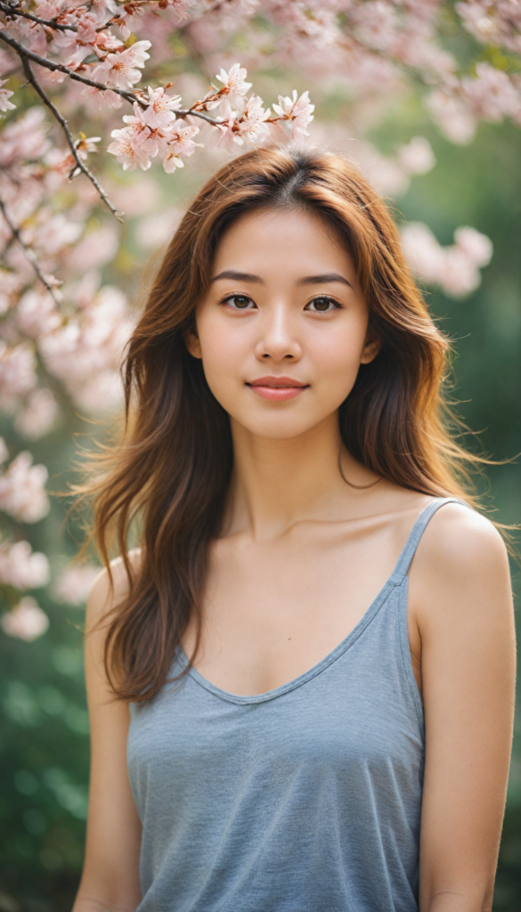 a captivating portrait of a young Japanese girl with flowing long hazelnut hair cascading gracefully over her shoulders, framed by soft cherry blossom petals gently falling around her. She has a warm, inviting smile that lights up her natural beauty. Dressed in a stylish grey tank top that complements her perfect, graceful curves, the image captures a dreamy, sunlit atmosphere, reminiscent of a soft pastel painting, blending elements of Impressionism and contemporary portraiture. The background features a subtle watercolor wash, enhancing the tranquil scene.