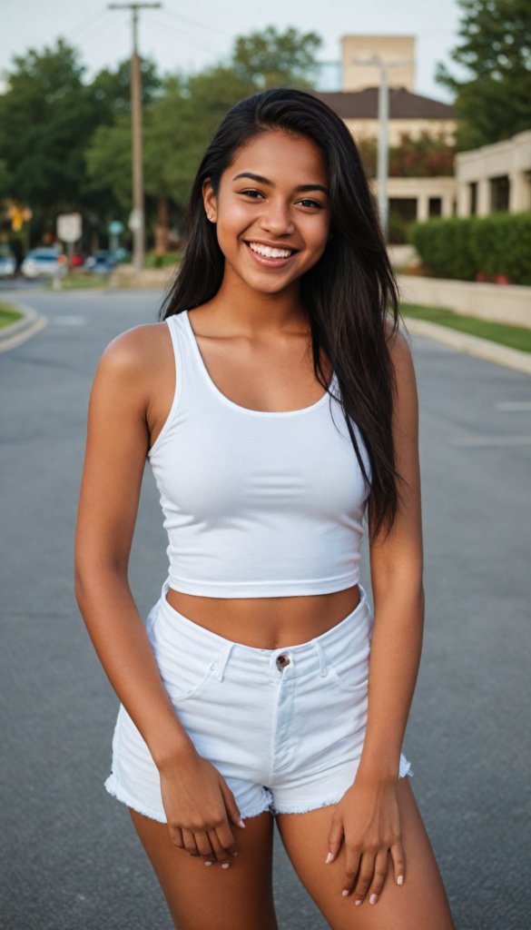 a (brown-skinned teen girl) with a joyful and sunny smile, wearing a sleek and fitted short crop white tank top that showcases her perfect, curves, captured in a (flawless portrait), with black long straight smooth hair