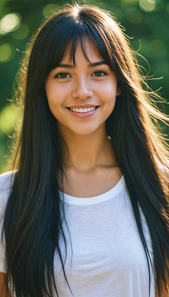 a detailed and realistic photo from a (cute) Indigenous teen girl (long, straight jet hair, bangs), (stunning), (gorgeous), beautifully realistic, cinematic lights, realistic detailed angelic round face, (realistic detailed amber eye) looks happy at the camera, perfect curved body, (wears a super short tight (white t-shirt)), perfect anatomy, side perspective, against a sunny green backdrop