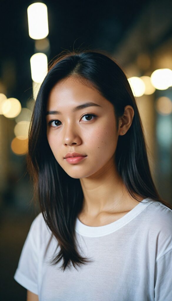 a portrait of (cute) (elegant) (attractive) (long, straight hair) (stunning) a beautifully realistic, cinematic lights, Asian teen girl, realistic detailed angelic round face, (realistic detailed eye) looks sadly at the camera, perfect curved body, (wears a super short tight (white t-shirt) made on thin silk), perfect anatomy, side perspective