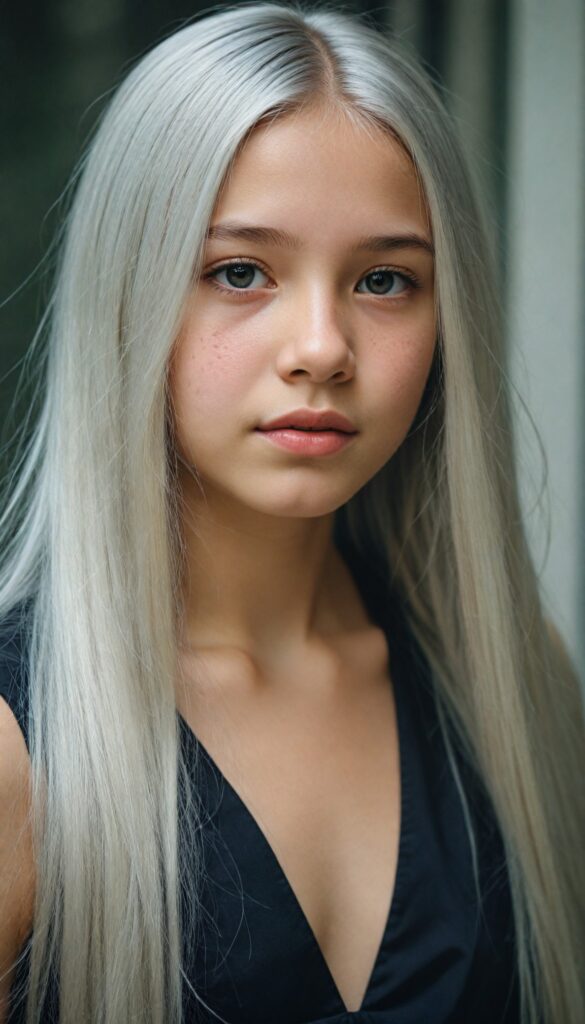 (portrait), detailed, silvery-skinned (young girl), long straight platinum hair, (black thin and short dress)