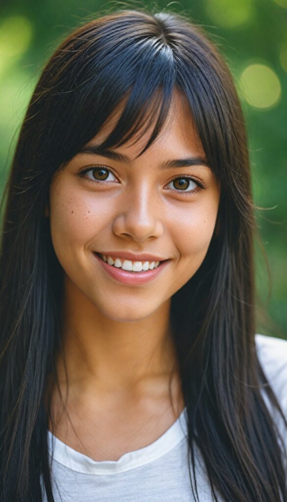 a detailed and realistic photo from a (cute) Indigenous teen girl (long, straight jet hair, bangs), (stunning), (gorgeous), beautifully realistic, cinematic lights, realistic detailed angelic round face, (realistic detailed amber eye) looks happy at the camera, perfect curved body, (wears a super short tight (white t-shirt)), perfect anatomy, side perspective, against a sunny green backdrop