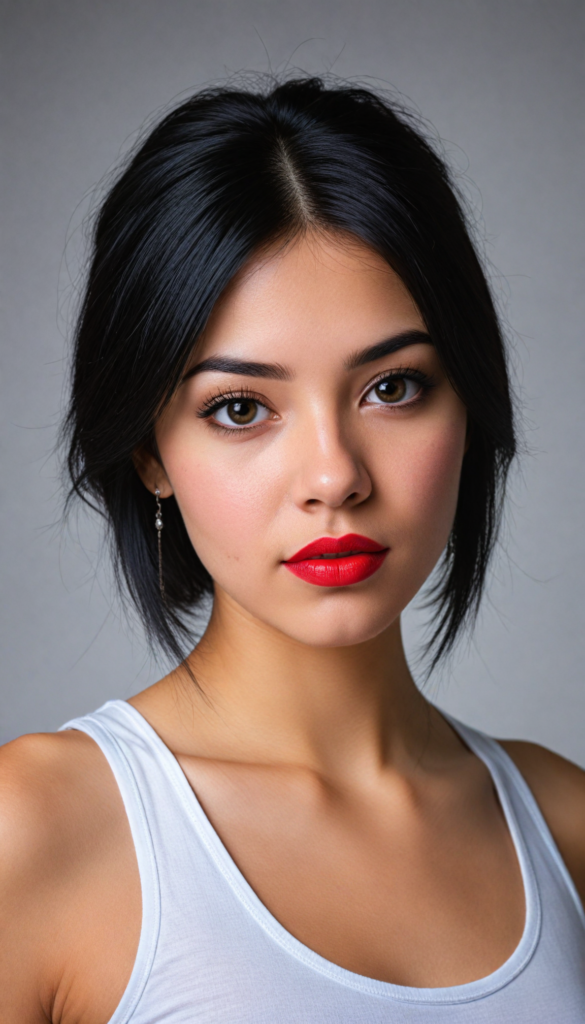 detailed and realistic photo from an innocent (young teen girl), straight black hair, (round face), black eyeliner, dark eyes, red lips, looks seductive, (black cropped tank top), (white background), front view