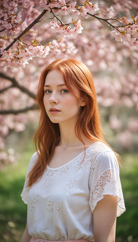 upper-body portrait, a whimsical scene featuring a serene red-haired teen girl with straight hair flowing gently in the breeze, dressed in a delicate light pink, fitted t-shirt adorned with subtle lace details. She is posing, surrounded by blooming cherry blossom trees, with petals drifting gracefully around her. Her expression radiates innocence and curiosity as she gazes at a brightly colored butterfly that flits nearby, capturing the essence of a dreamy spring afternoon, reminiscent of a watercolor painting in the style of Claude Monet.