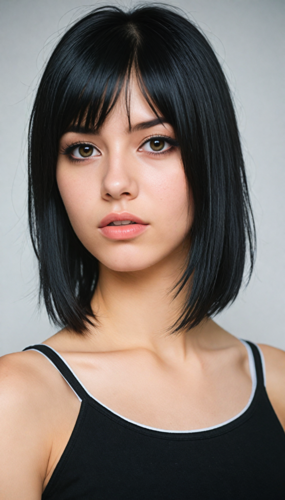 a innocent (young Emo teen girl), straight black hair, (round face), bob bangs cut, black eyeliner, looks seductive, black cropped tank top, (white background), front view